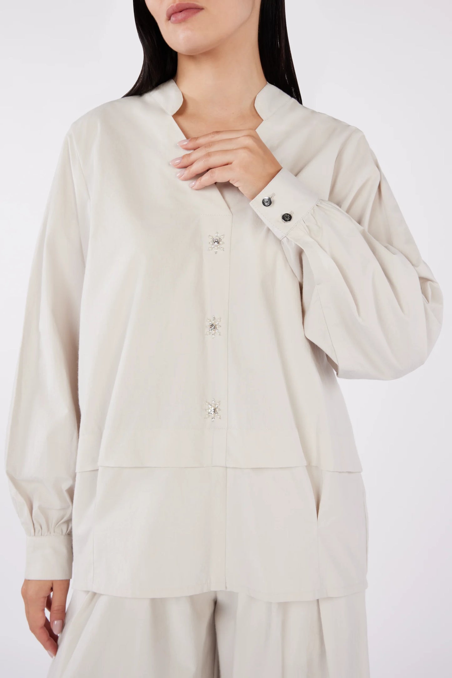 Indulgence V Neck Shirt with Crystal and Pearl Embellishment