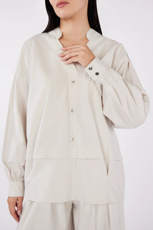 Indulgence V Neck Shirt with Crystal and Pearl Embellishment