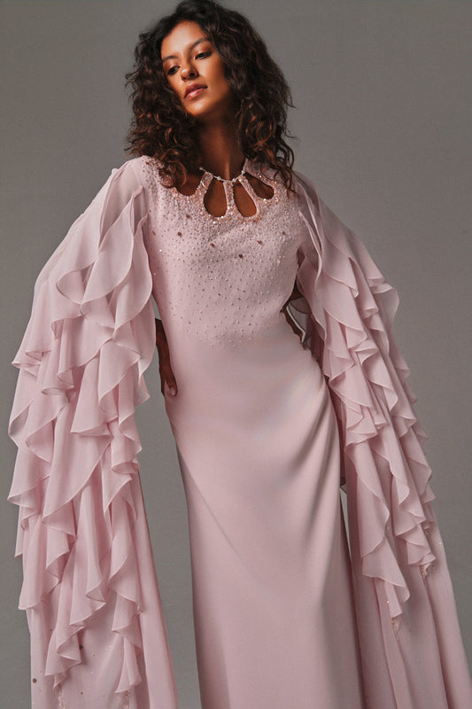 AQUILLORA Innocence long ruffle sleeve Kaftan - Light Pink (Image 2)