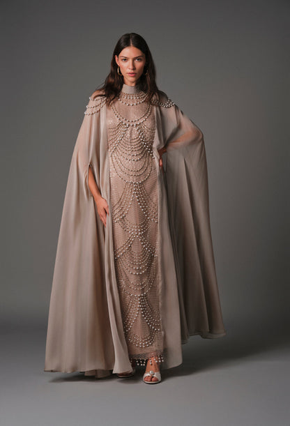 AQUILLORA Twilight Cape- Style Kaftan - Beige (Image 3)