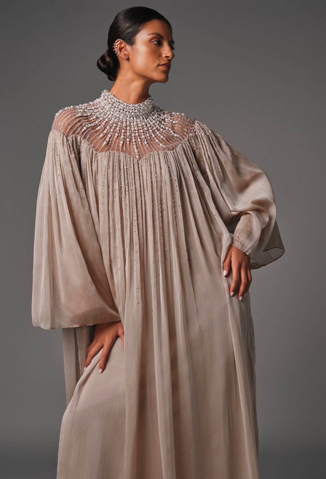 AQUILLORA Twilight Embellished Kaftan - Beige (Image 1)