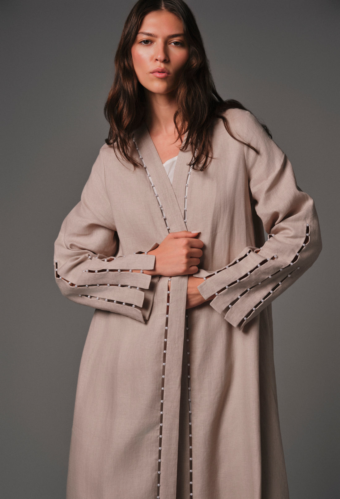 AQUILLORA Twilight A- line linen abaya - Beige (Image 2)