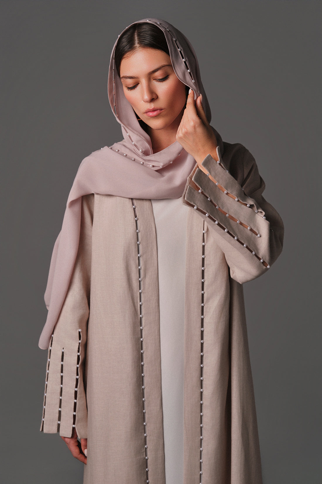 AQUILLORA Twilight A- line linen abaya - Beige (Image 3)