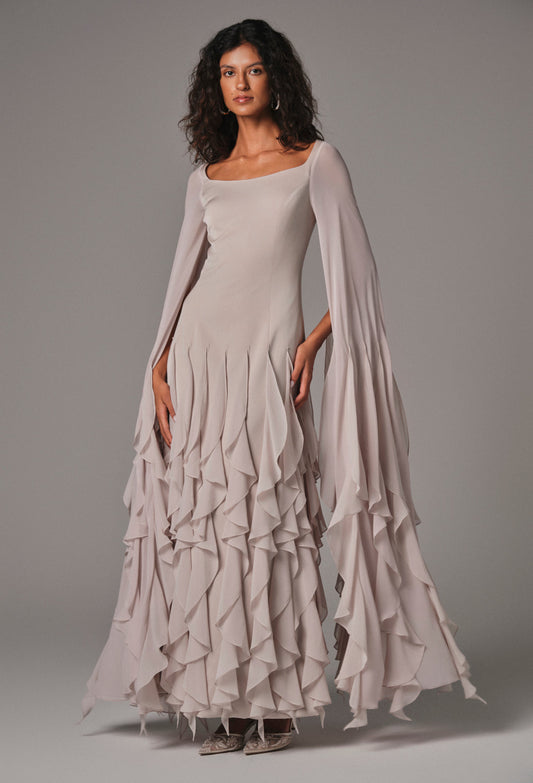 AQUILLORA Innocence long ruffle sleeve Dress - Beige (Image 1)