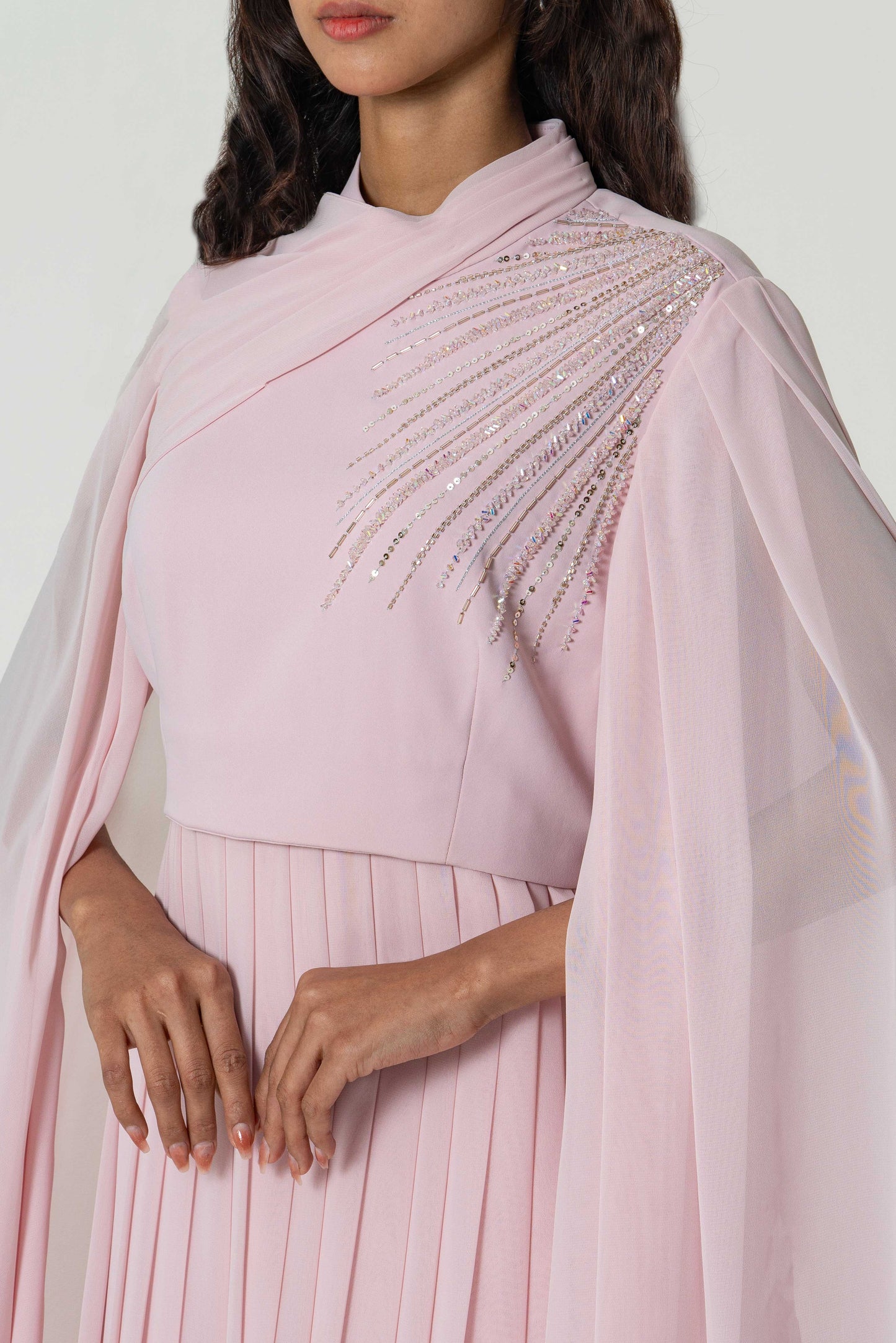 Crystal-Embellished Pleated Dress