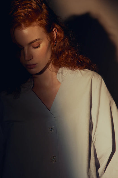 Indulgence V Neck Shirt with Crystal and Pearl Embellishment